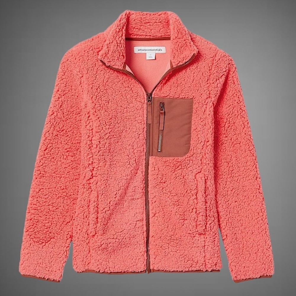 NWT Amazon Essentials Sherpa Mock Neck Full Zip Fleece Jacket with Trim XS‎